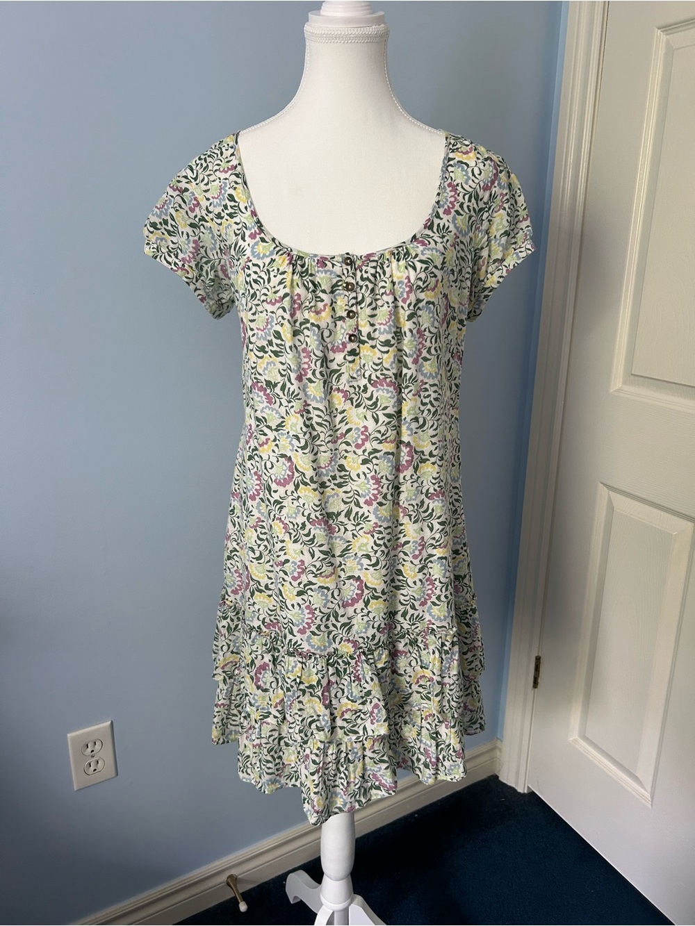Floral Scoop Neck Short Sleeve Mini Dress - White Multi